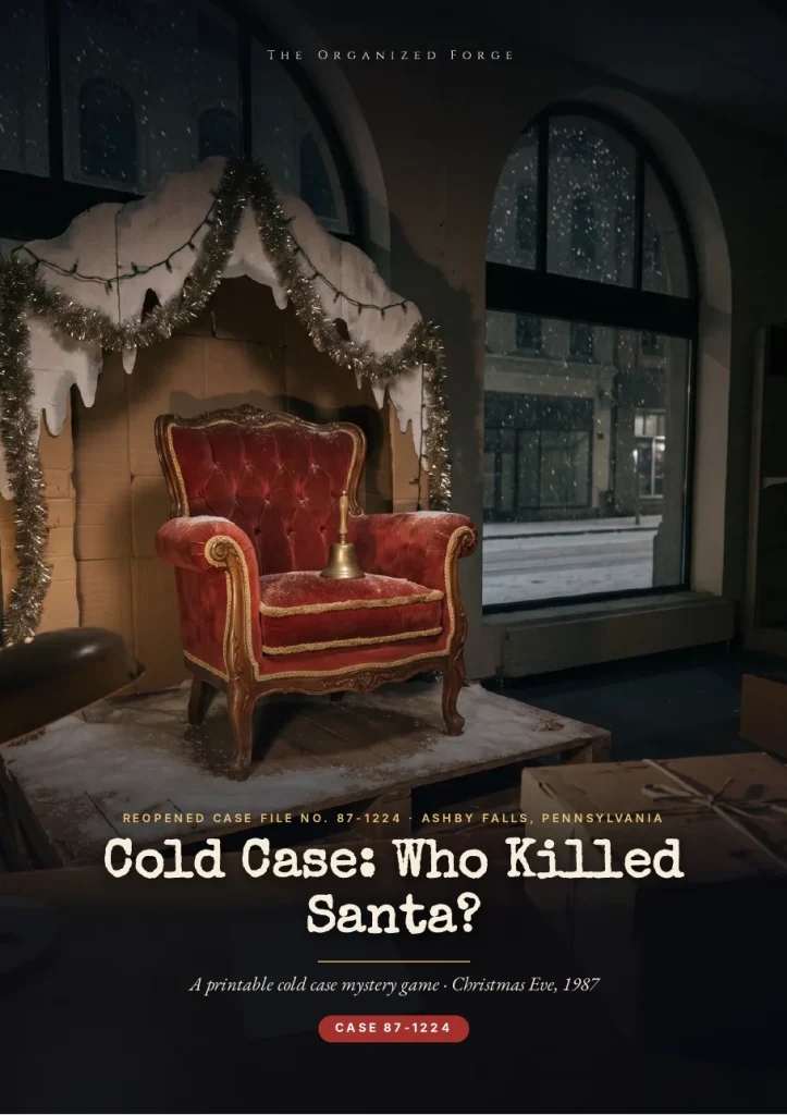 Cover of Cold Case: Who Killed Santa?, an empty red velvet Santa chair in a dark, closed department store, snow falling outside the windows