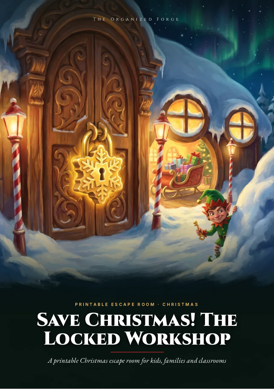 Cover of Save Christmas! The Locked Workshop — Printable Christmas Escape Room for Kids