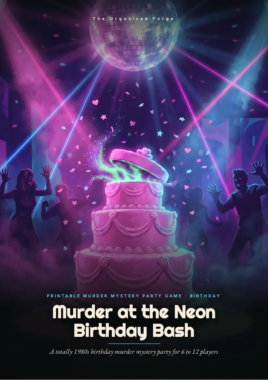Cover of Murder at the Neon Birthday Bash — 1980s Birthday Murder Mystery Party Game