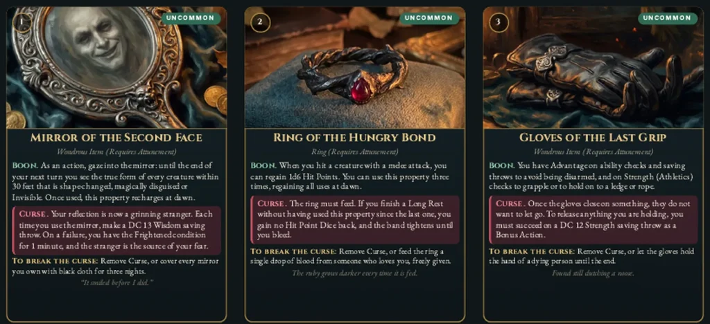 Three printable cursed item cards from Cursed Relics: a hand mirror with a grinning face, a thorned ring with a red stone and a pair of black leather gloves