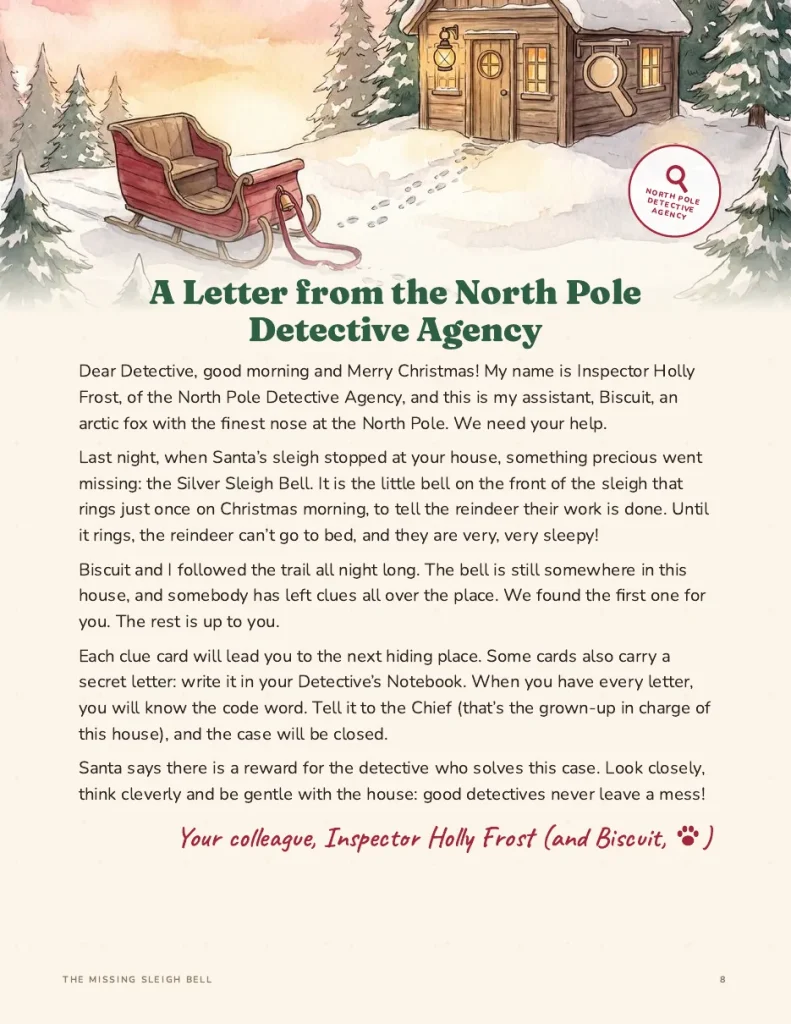 Opening letter from Inspector Holly Frost in The Case of the Missing Sleigh Bell, a printable Christmas treasure hunt for kids