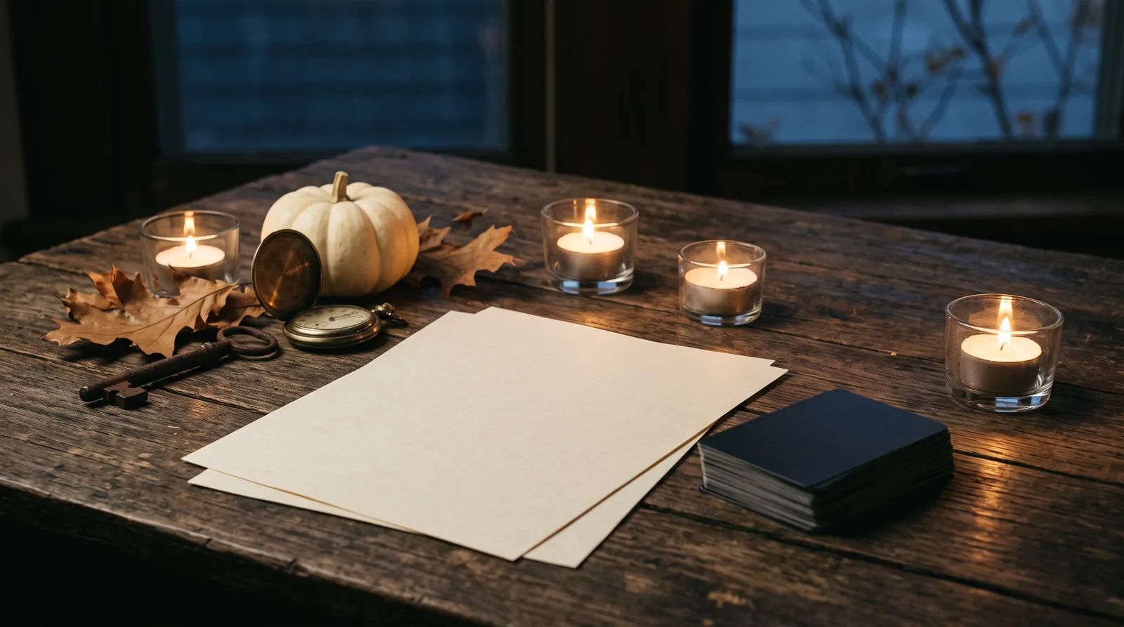 A worn wooden table at dusk set for a spooky tabletop game: blank cream pages, a stack of dark cards, an open brass pocket watch, an old iron key, a white pumpkin, oak leaves and four tea lights