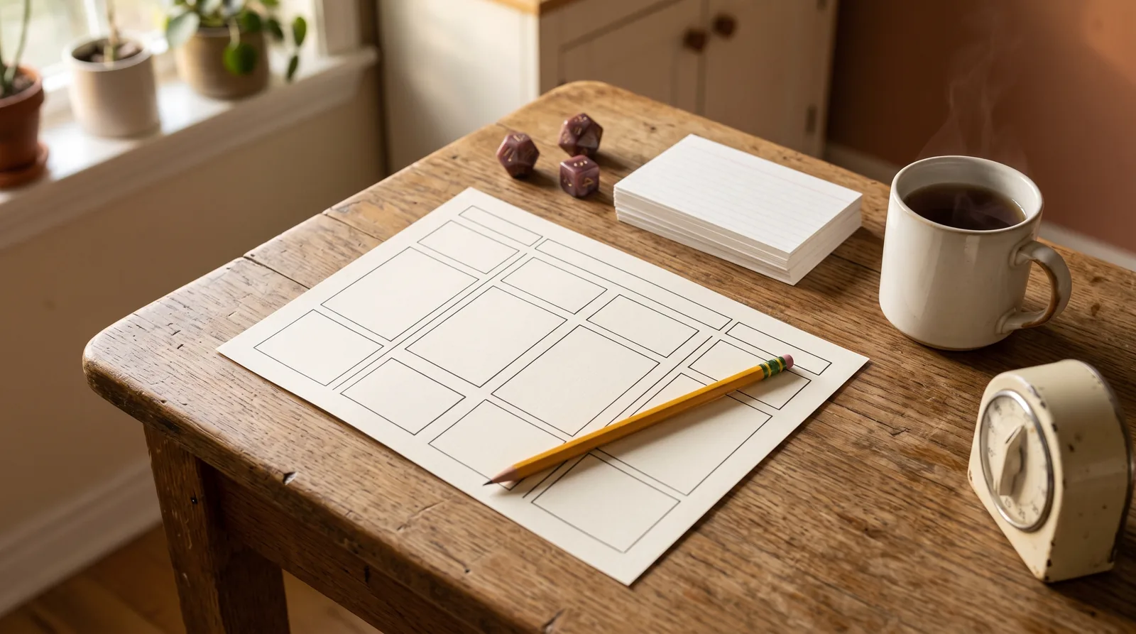 A blank printed sheet with empty boxes and a pencil on a wooden kitchen table, next to index cards, three dice, a mug of tea and a kitchen timer