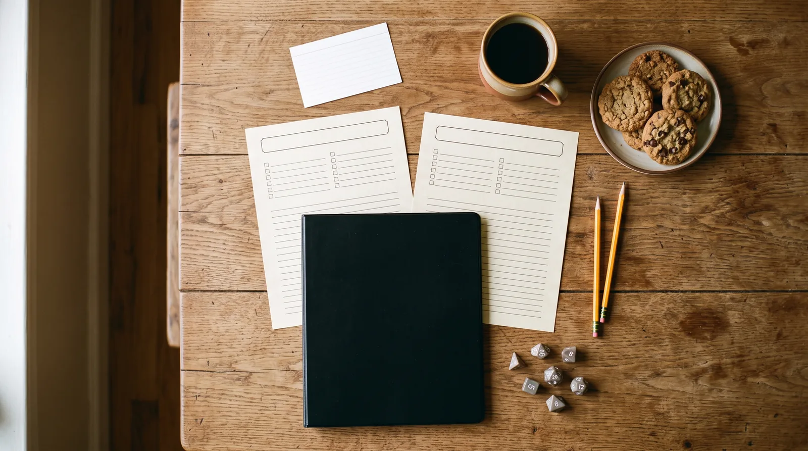 Overhead view of a wooden table with two printed checklist sheets, a black binder, an index card, two pencils, a few gray dice, a mug of coffee and a plate of cookies