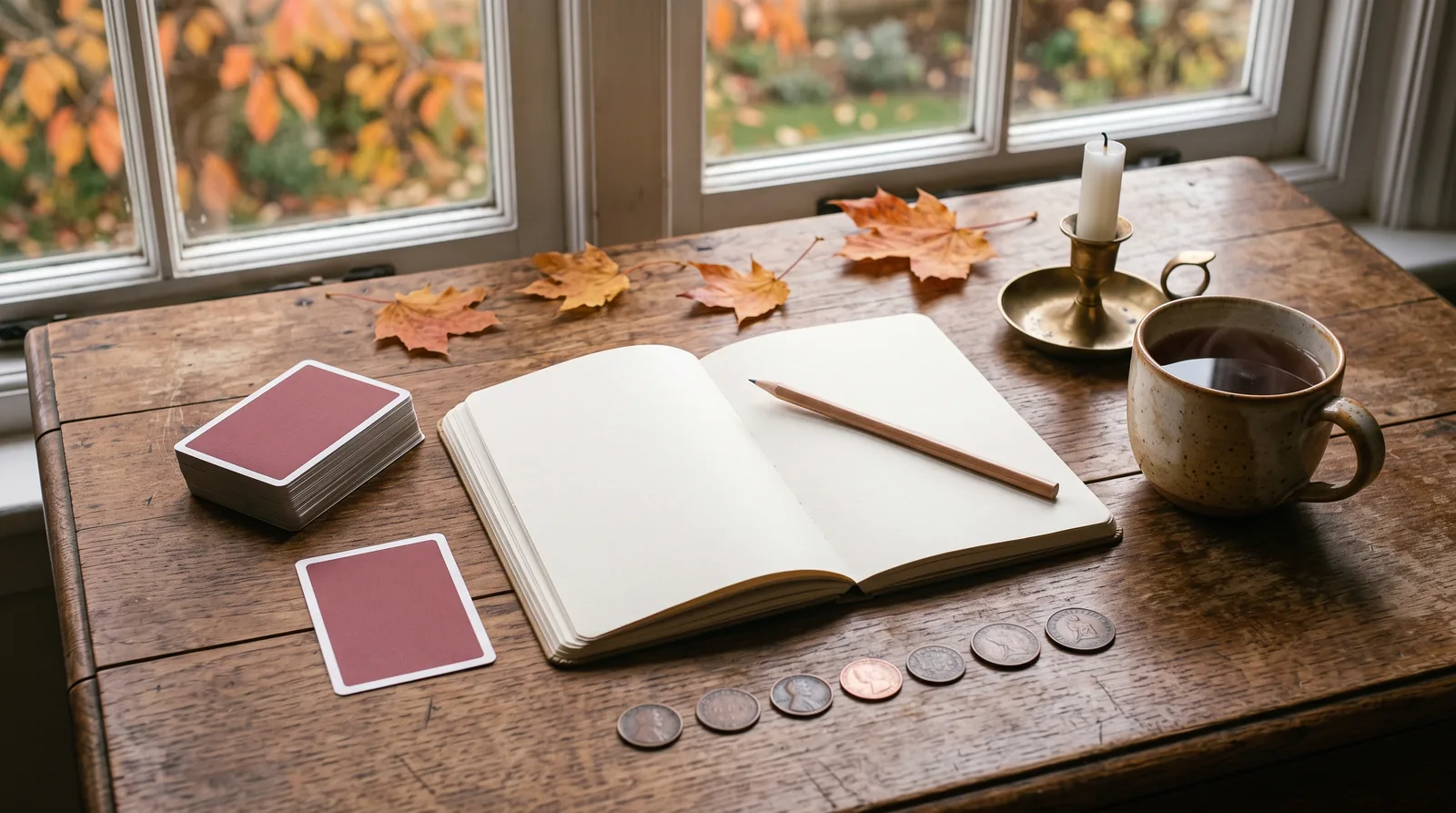 A blank open notebook and pencil on a wooden desk by a window, with a face-down deck of red-backed playing cards, a row of old coins, a mug of tea and autumn leaves