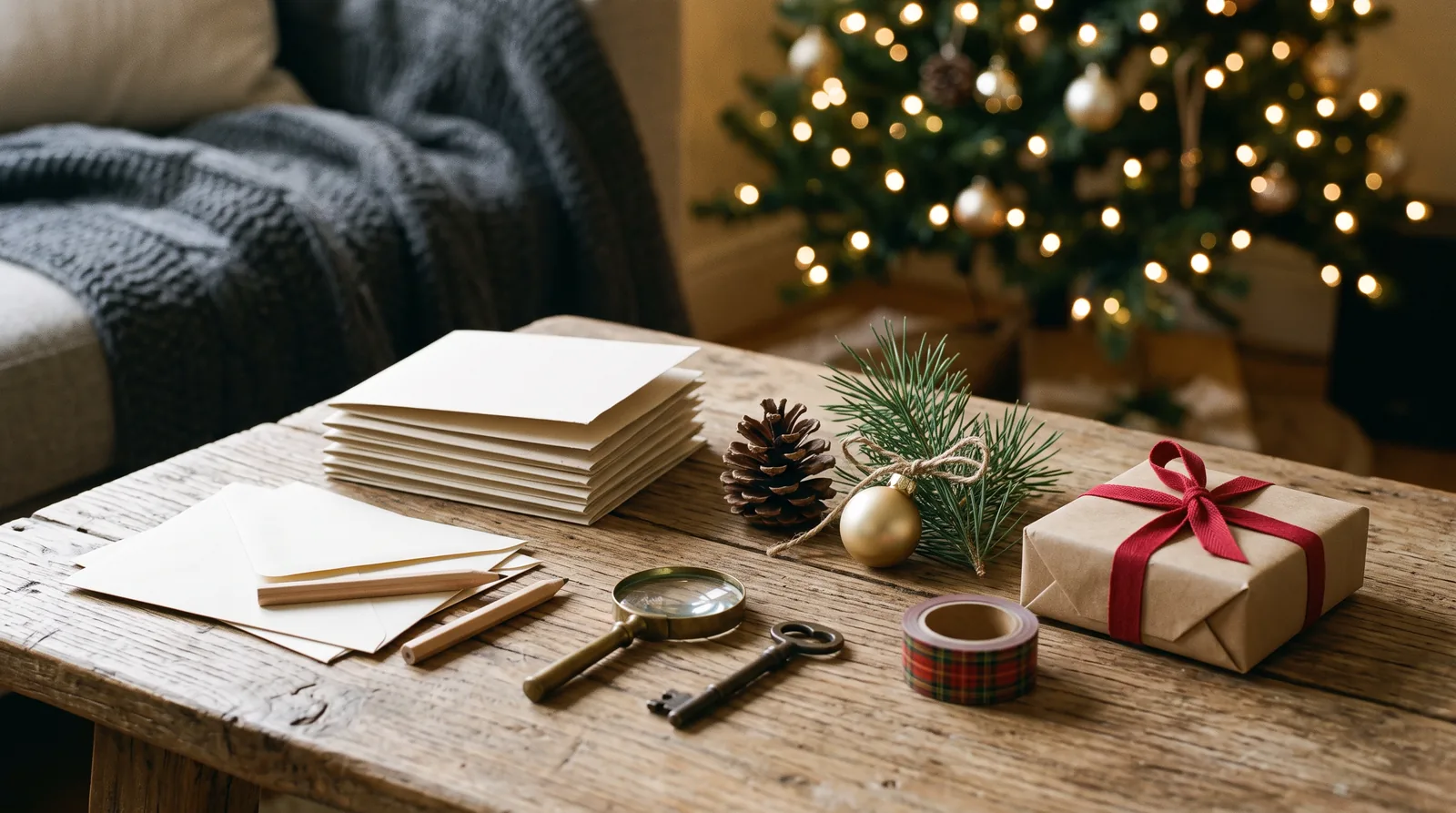 Coffee table set for a Christmas scavenger hunt with blank cards, envelopes, a magnifying glass and an old key, a lit tree behind