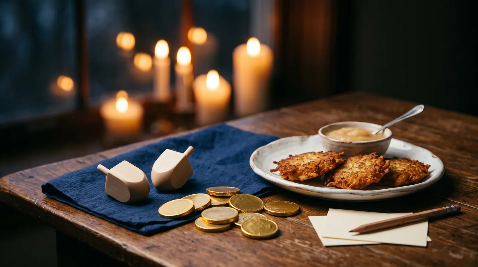 Wooden table with two plain wooden dreidels, gold chocolate coins, a plate of potato latkes with applesauce and blank cards, lit candles by a window behind