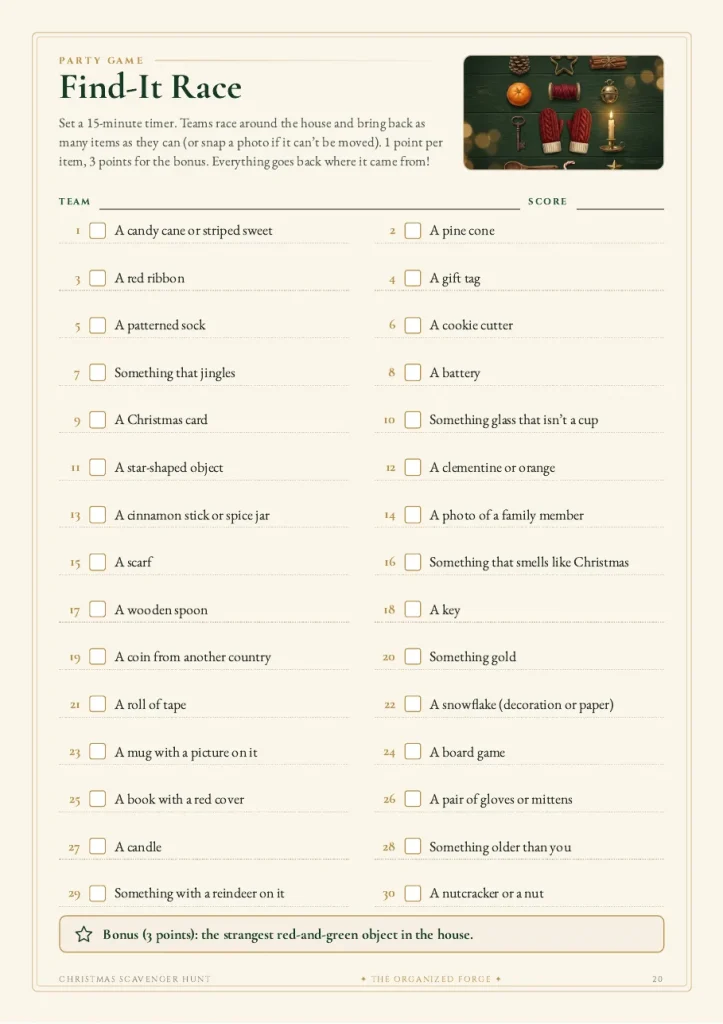 The Find-It Race page from the Christmas Scavenger Hunt for Teens and Adults, a printable checklist of 30 household items to find in 15 minutes