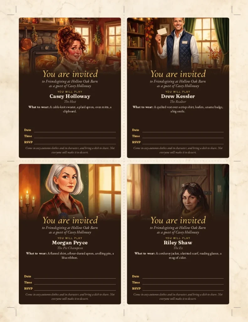 Printable character invitations from Murder at the Friendsgiving Feast, each with a portrait, a role and what to wear