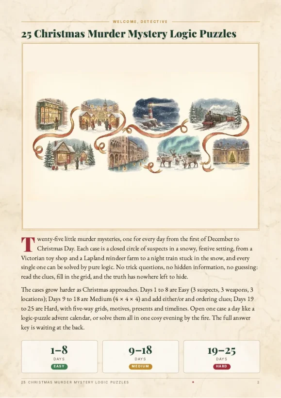 25 Christmas Murder Mystery Logic Puzzles — Advent Calendar of Crime — preview page 1