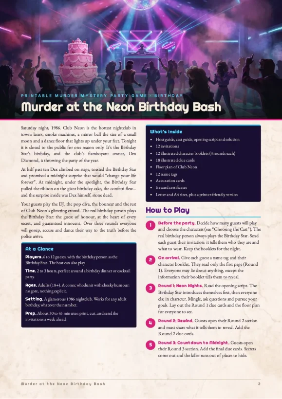 Murder at the Neon Birthday Bash — 1980s Birthday Murder Mystery Party Game — preview page 1