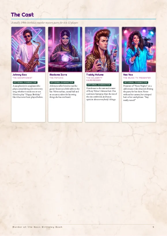 Murder at the Neon Birthday Bash — 1980s Birthday Murder Mystery Party Game — preview page 2