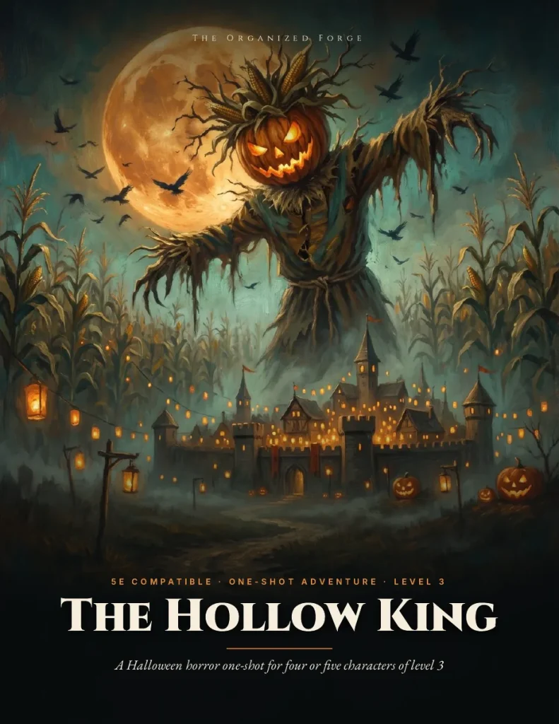 Cover of The Hollow King, a printable 5E compatible Halloween horror one-shot for level 3, with a giant scarecrow over a lantern-lit village