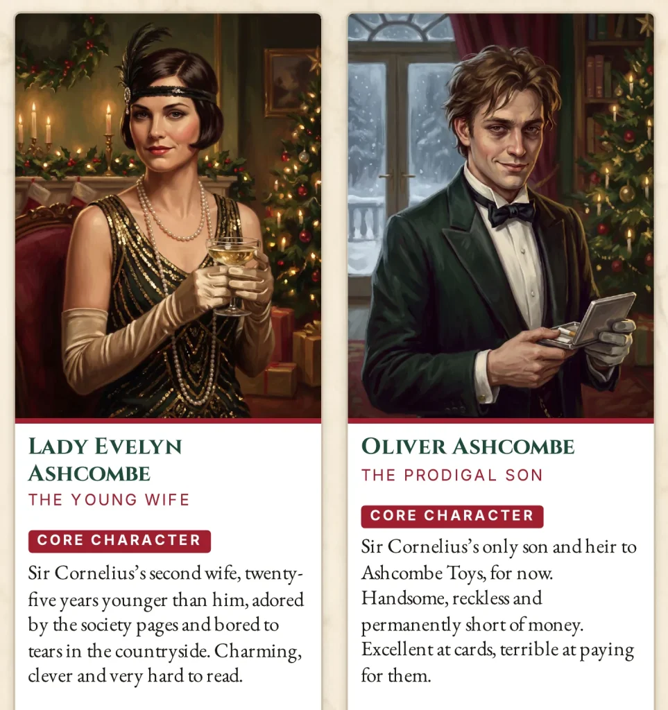 Two character cards from the Murder at Hollyfield Manor cast page: Lady Evelyn Ashcombe, the young wife, holding a champagne coupe, and Oliver Ashcombe, the prodigal son, holding a cigarette case
