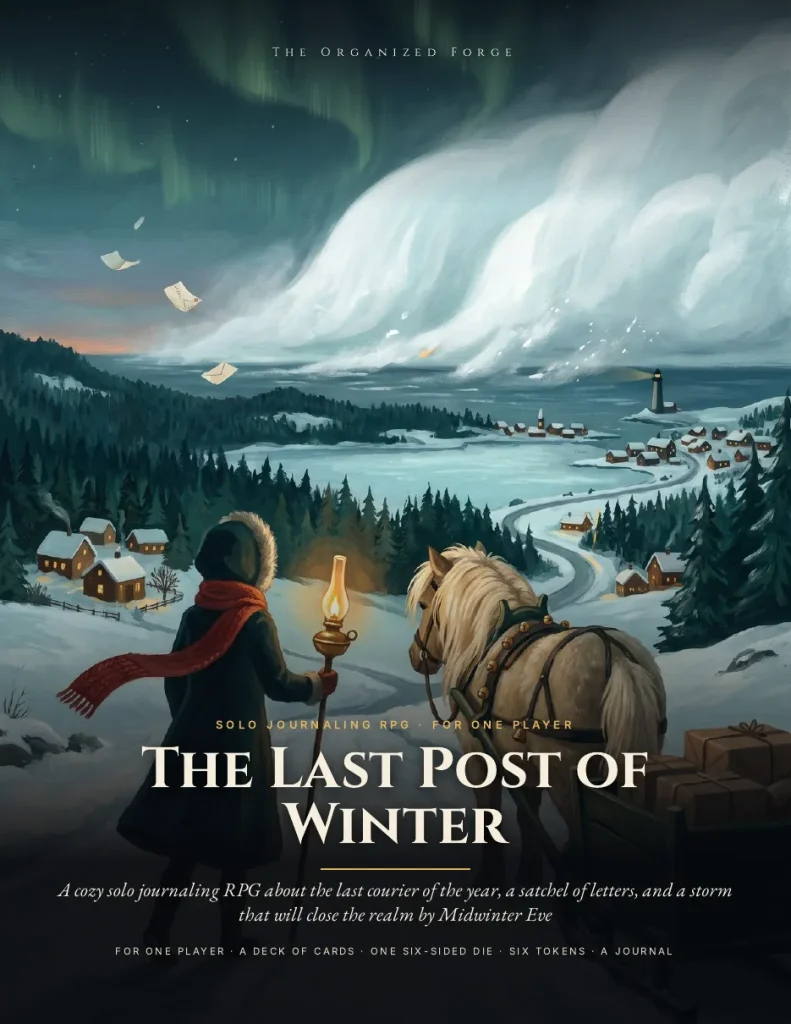 Cover of The Last Post of Winter: a courier with a lantern and a pony looks down a snowy valley toward a village as a storm rolls in