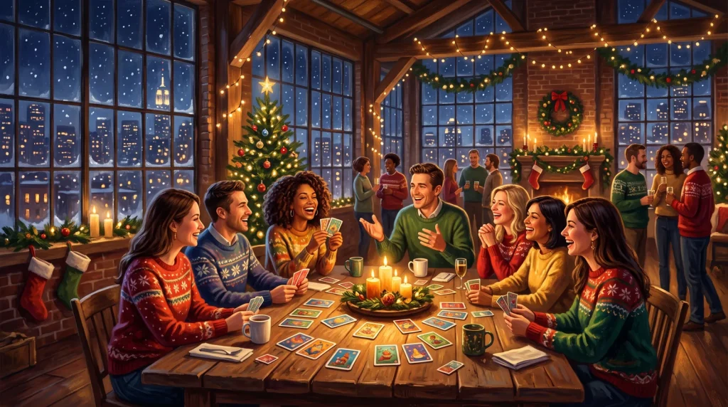A festive office holiday party in a candlelit loft with coworkers laughing over printed game cards and a snowy city skyline in the windows