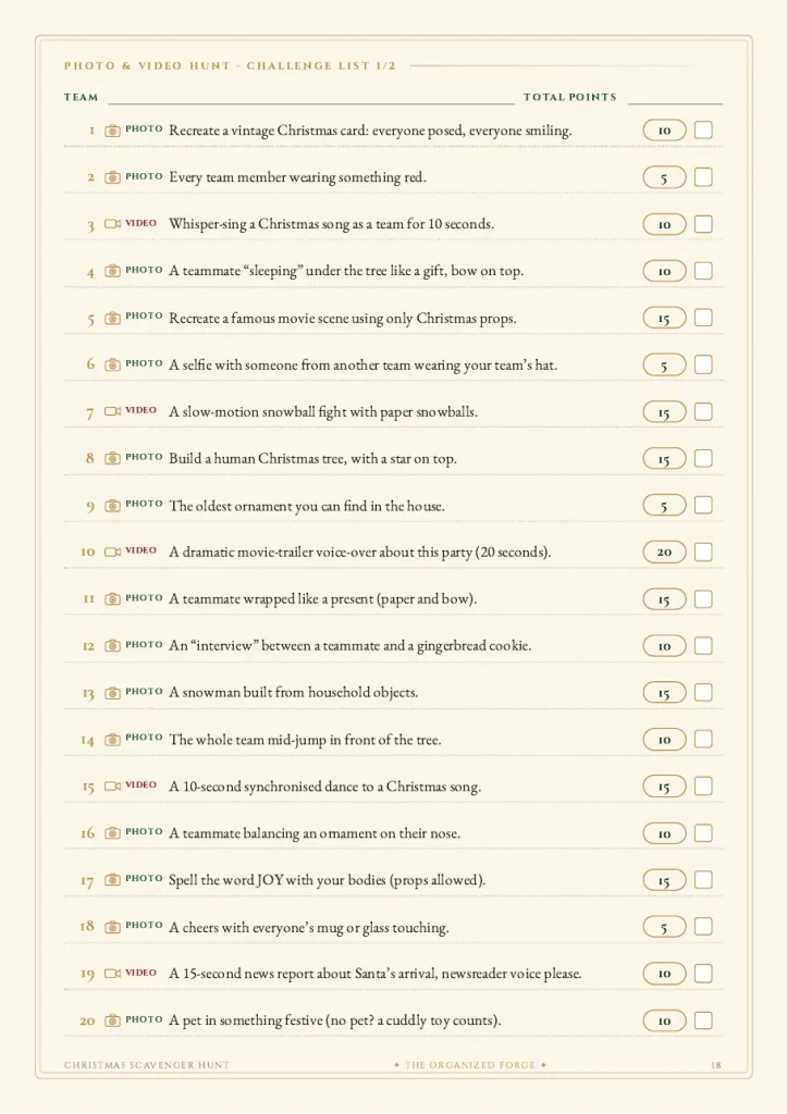 First page of the photo and video challenge list in the Christmas Scavenger Hunt for Teens and Adults, 20 numbered challenges with points