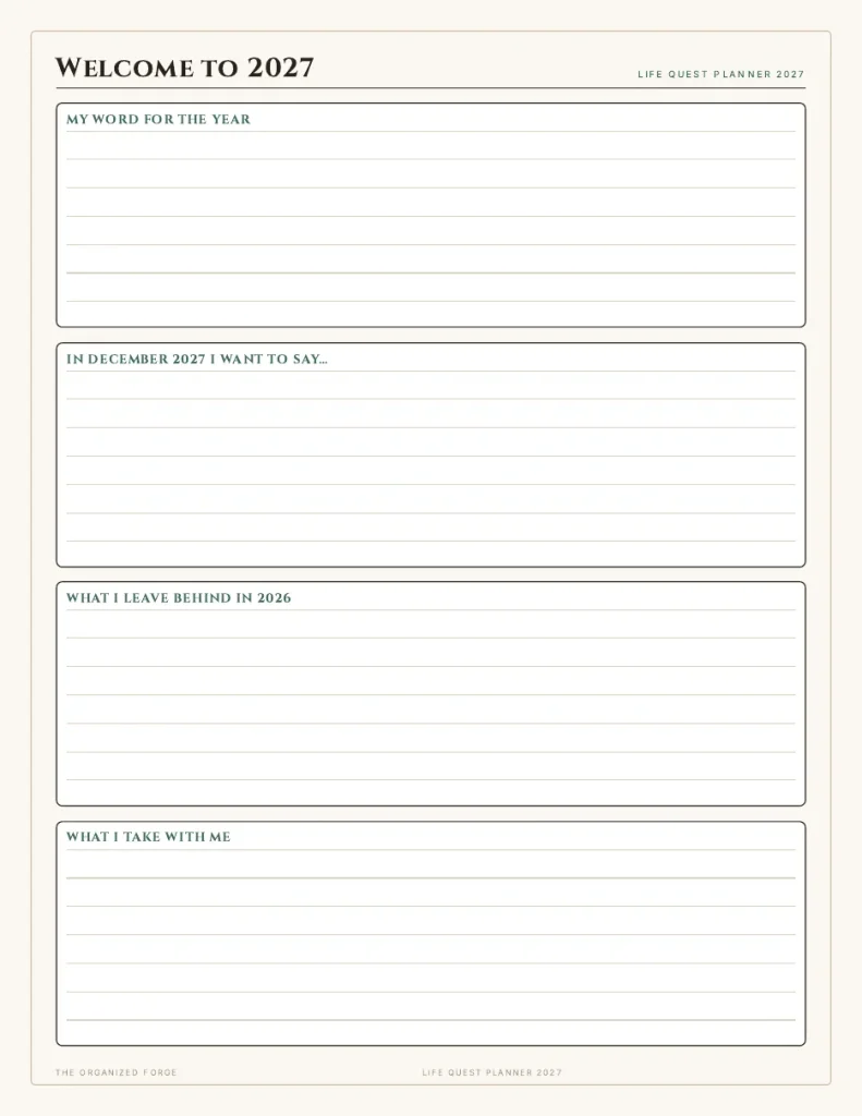 The Welcome to 2027 page of the 2027 Life Quest Planner, with prompts for my word for the year, what I leave behind in 2026 and what I take with me