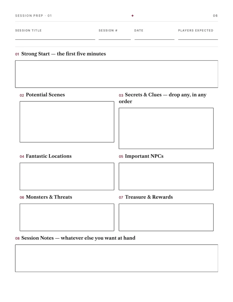 A blank printable session prep sheet with eight numbered boxes: strong start, potential scenes, secrets and clues, fantastic locations, important NPCs, monsters and threats, treasure and rewards, session notes