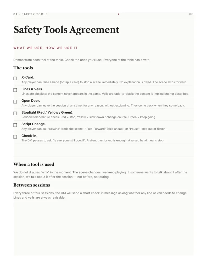 The Safety Tools Agreement page from the Session Zero Kit, with checkboxes for X-Card, Lines and Veils, Open Door, Stoplight, Script Change and Check-in