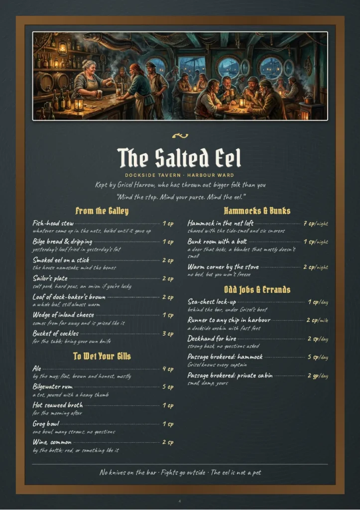 A printed tavern menu for a dockside tavern called The Salted Eel, with a painted taproom scene at the top and lists of food, drinks and lodging with prices