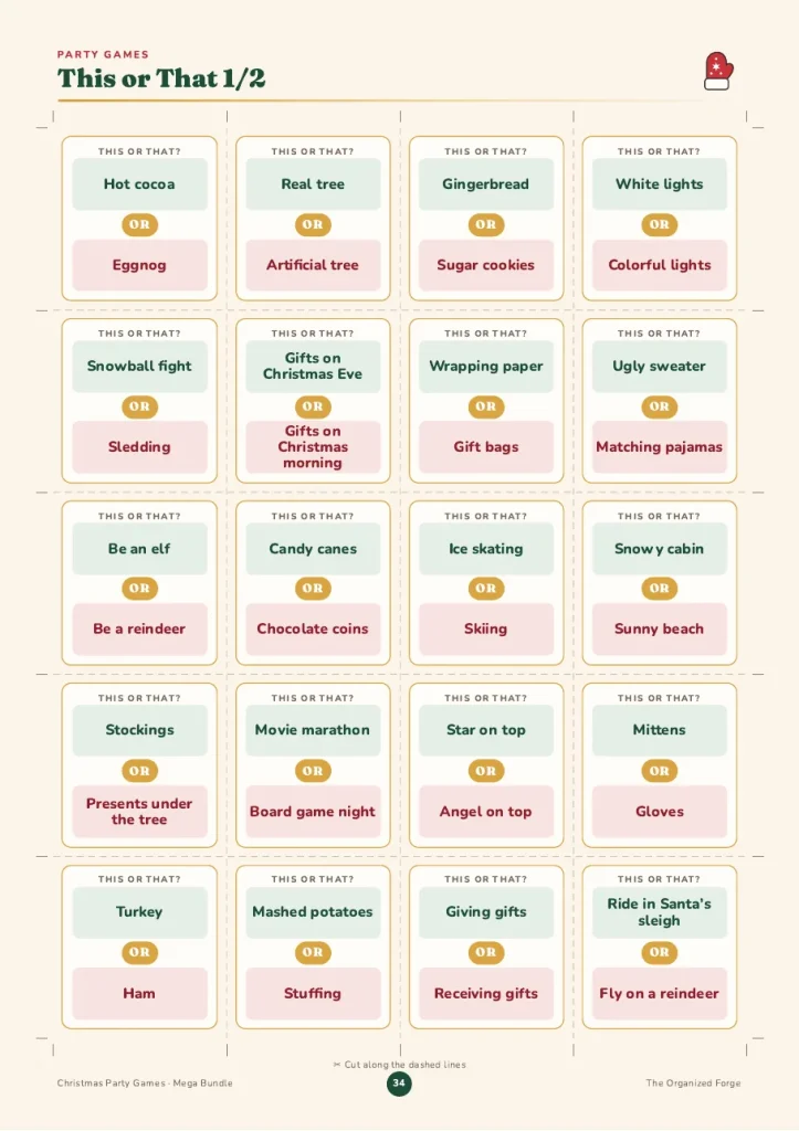 A printable page of This or That Christmas cards from the Christmas Party Games Mega Bundle, with choices like real tree or artificial tree and snowy cabin or sunny beach