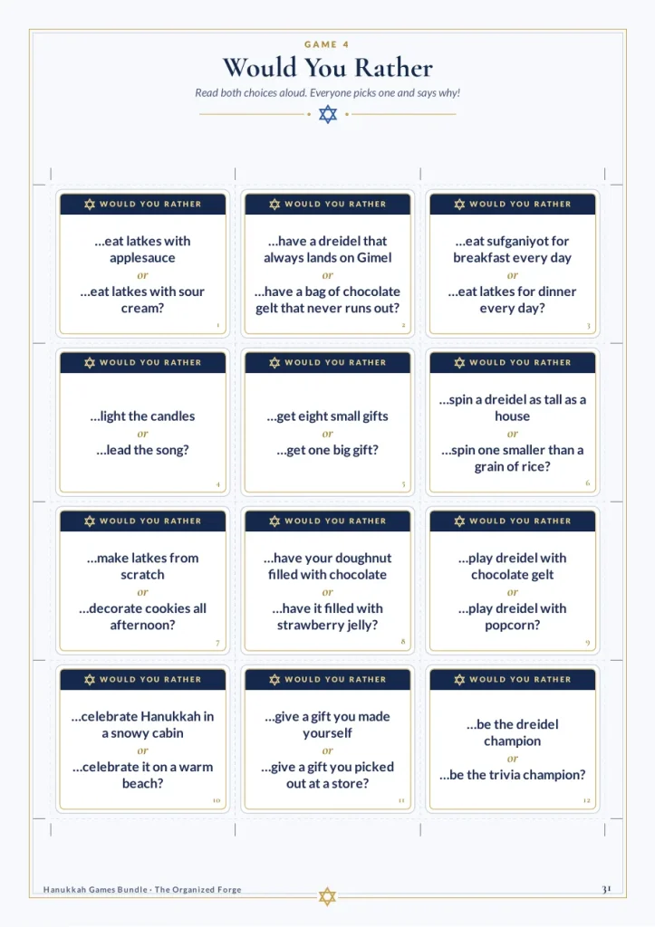 Printable Hanukkah would you rather cards with questions about latkes, dreidels and gelt